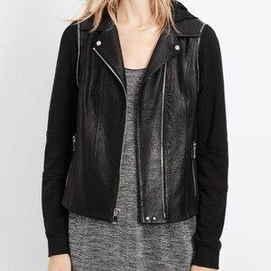 Vince Black Leather Moto Hoodie in black leather with knit-rayon blend sleeves